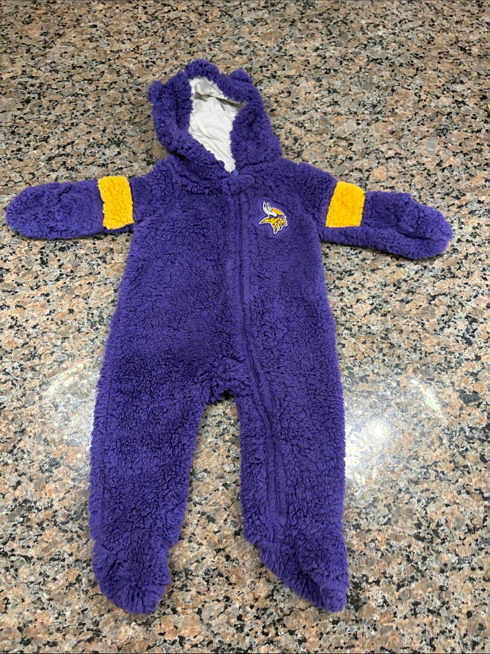 Minnesota Vikings NFL Purple Sherpa Baby Footie with Gold Sleeve Accents 12 Mos